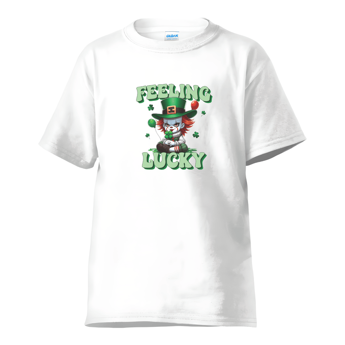White Feeling Lucky St Patrick’s Day shirt featuring lucky clown graphic design