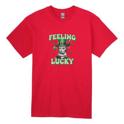 Red Feeling Lucky St Patrick’s Day shirt with clown and shamrock festive graphic
