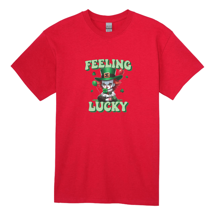 Red Feeling Lucky St Patrick’s Day shirt with clown and shamrock festive graphic