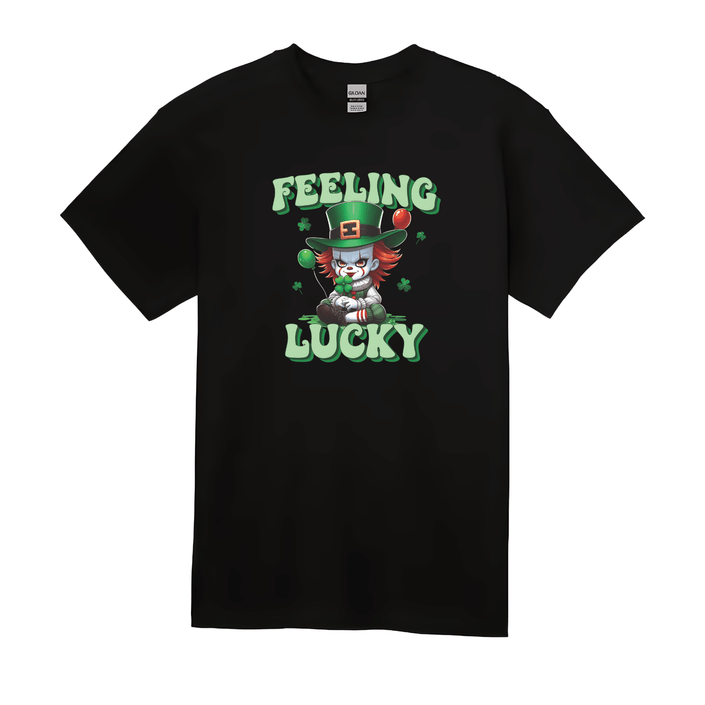 Black t-shirt Feeling Lucky St Patrick’s Day graphic T-shirt with clown and shamrock design