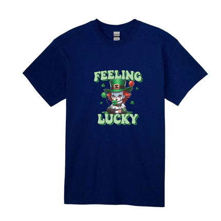 Navy blue Feeling Lucky St Patrick’s Day graphic tee with festive clown design