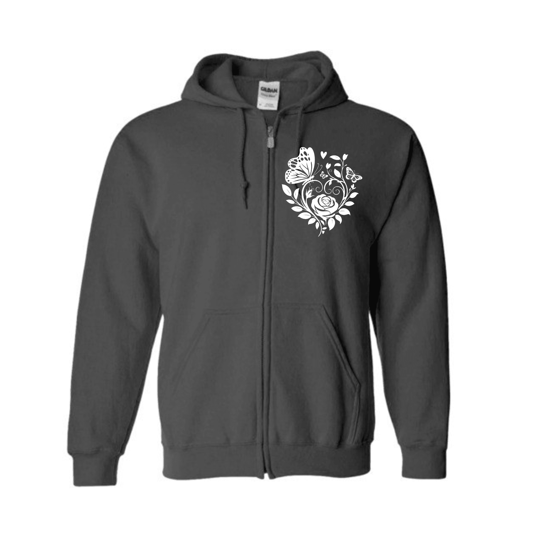 Black zip up hoodie featuring white floral butterfly graphic