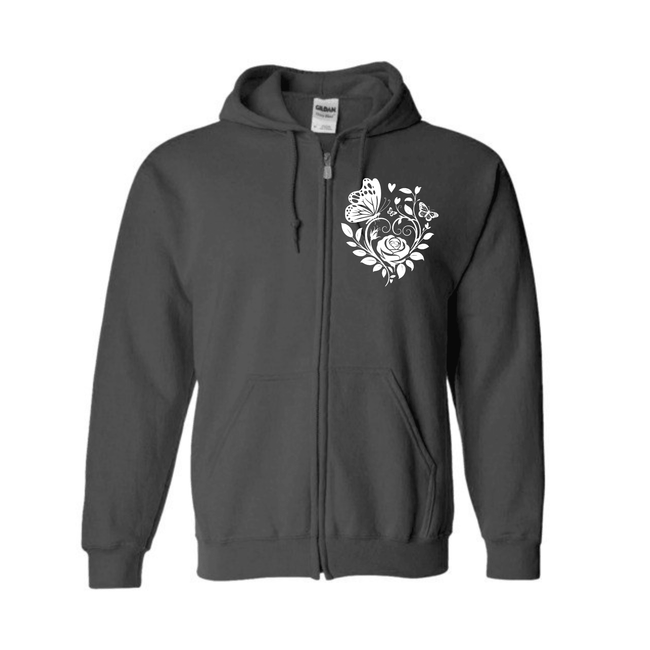Black zip up hoodie featuring white floral butterfly graphic