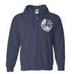 Navy zip up hoodie with floral butterfly artwork on chest