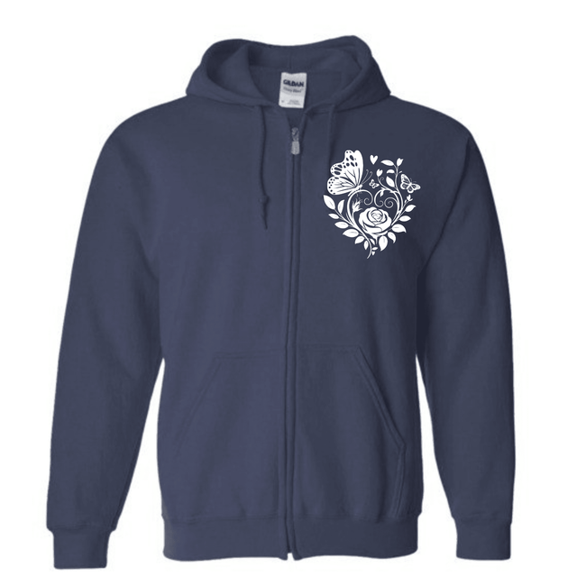 Navy zip up hoodie with floral butterfly artwork on chest