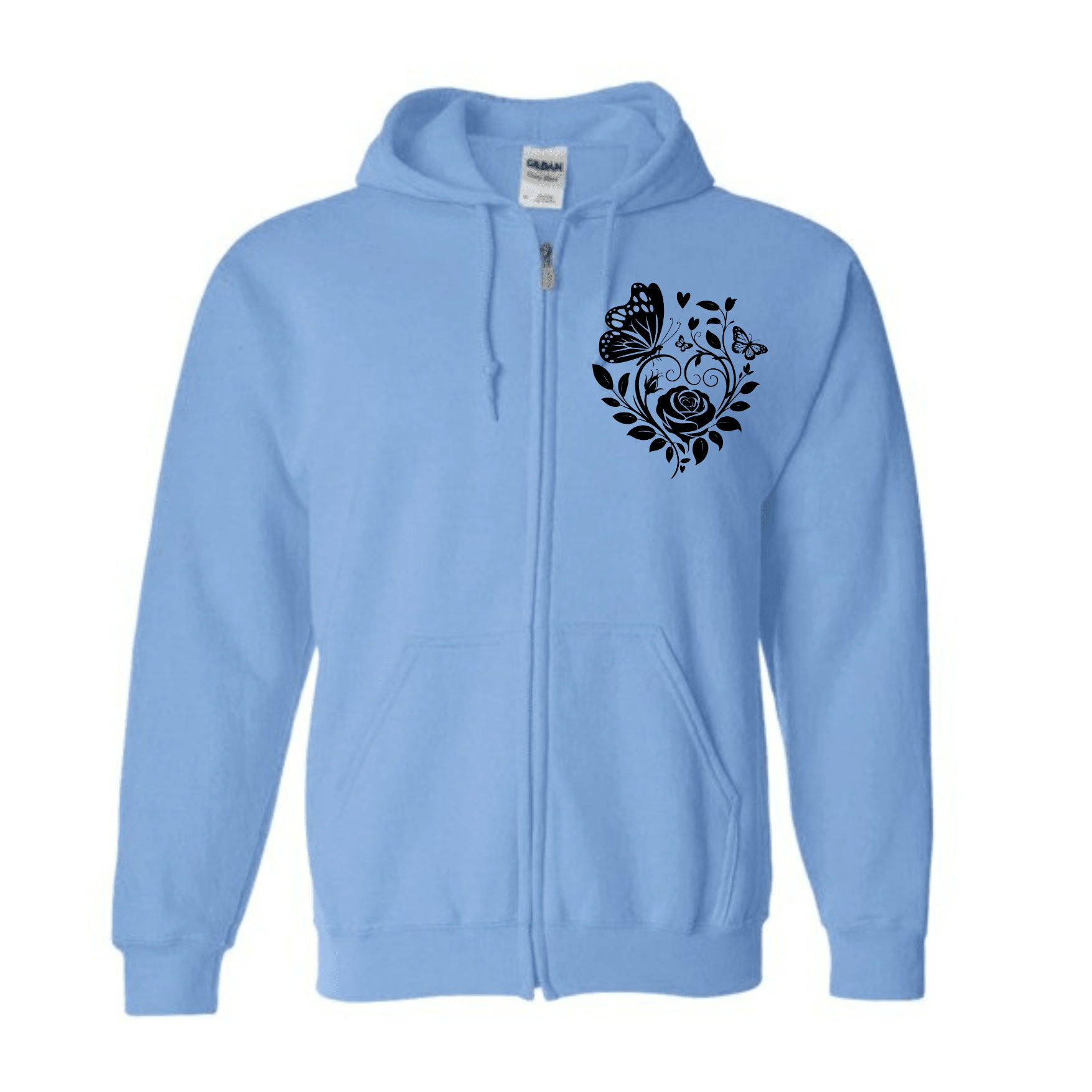 Light blue hoodie with black butterfly and floral design on a white background