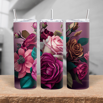 Floral rose stainless steel tumbler with vivid rose designs and metal straws on wood surface