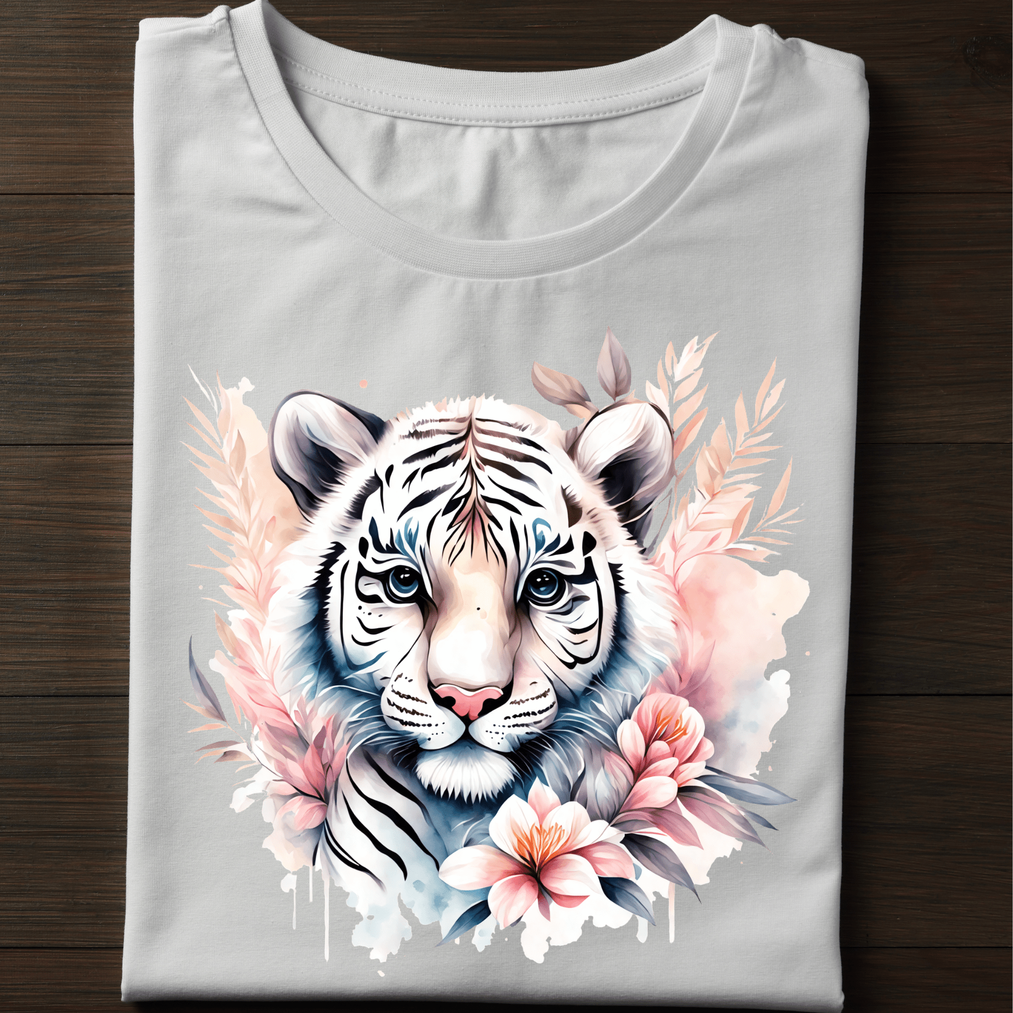 White t-shirt with aesthetic floral white tiger illustration for teens and women
