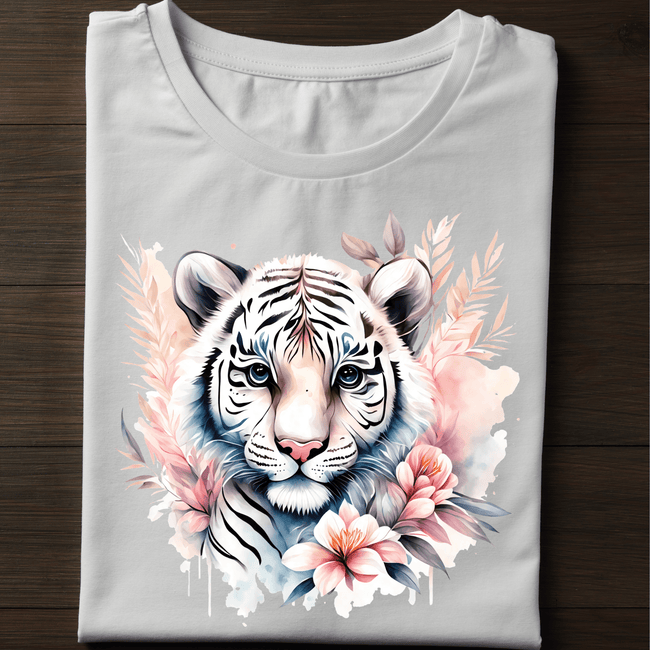White t-shirt with aesthetic floral white tiger illustration for teens and women