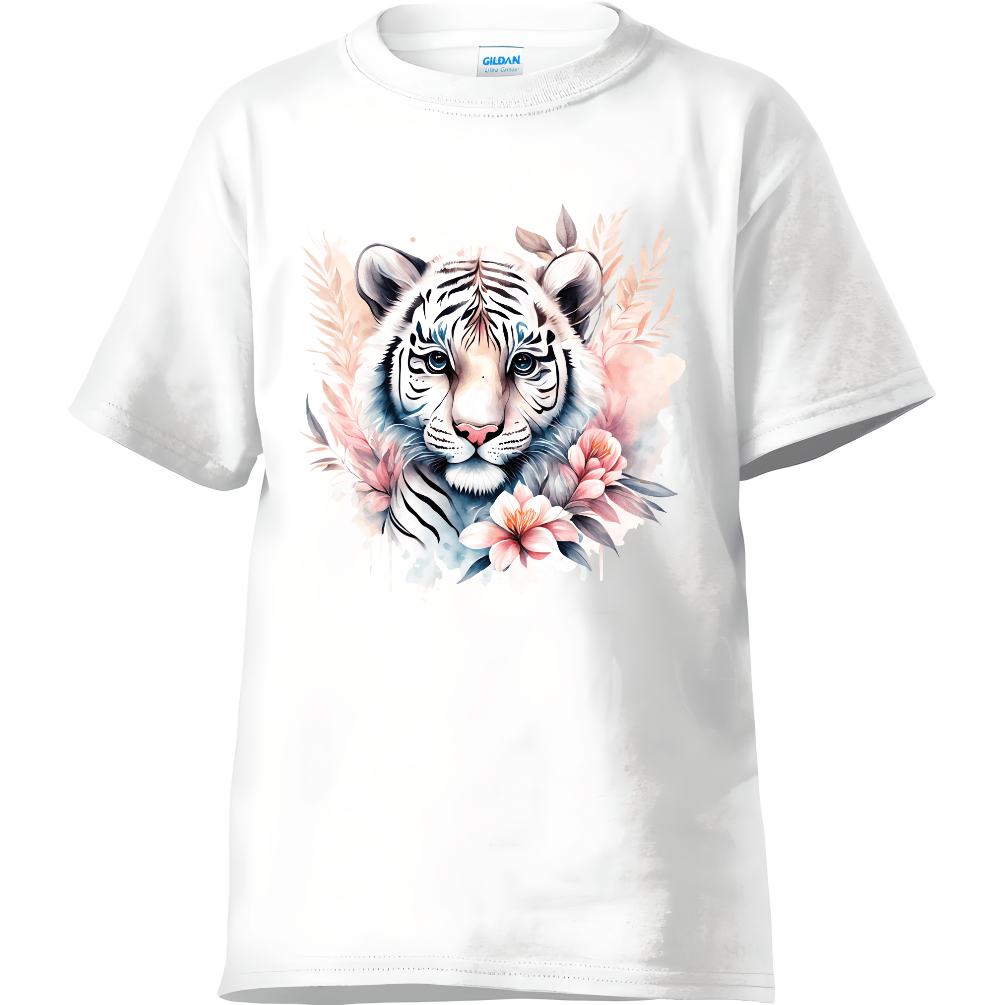 White aesthetic tiger t-shirt showcasing detailed floral artwork
