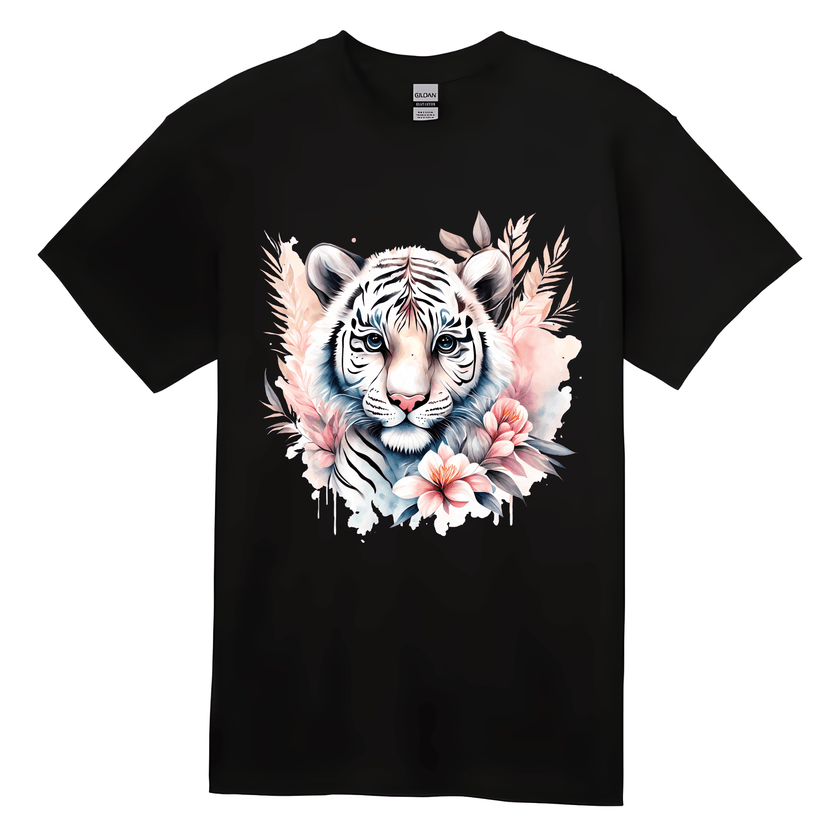 Black Graphic Tee Floral Tiger Artwork