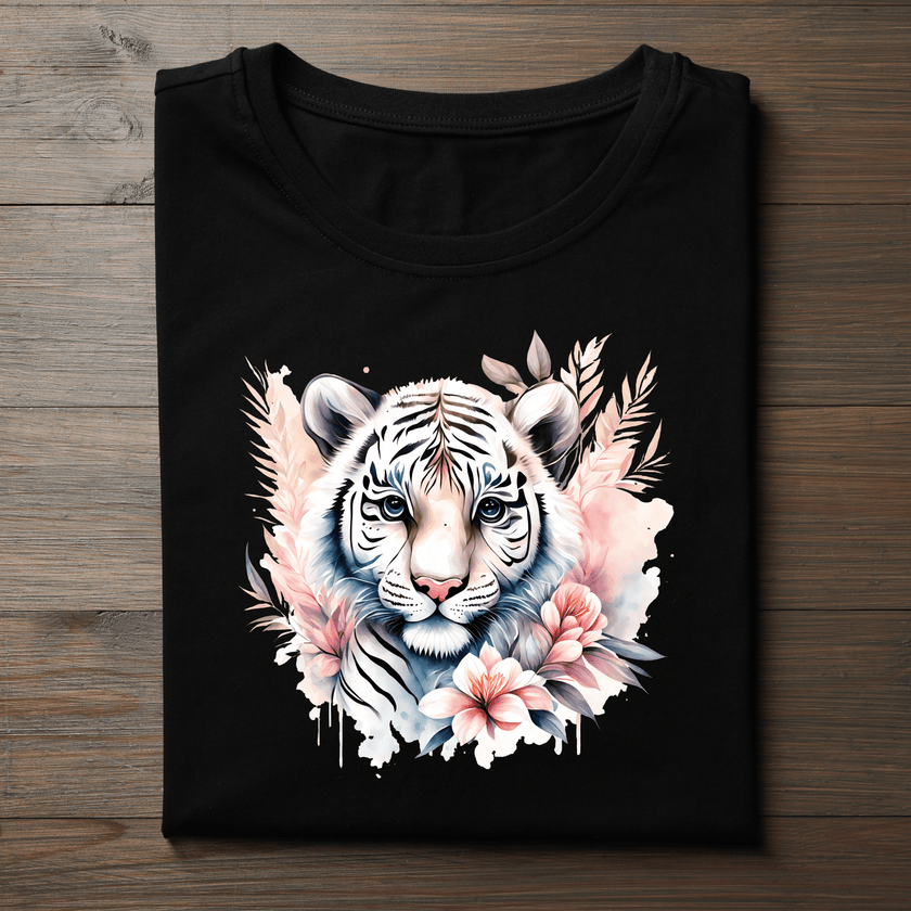 Black t-shirt featuring a floral white tiger graphic design with pastel flowers
