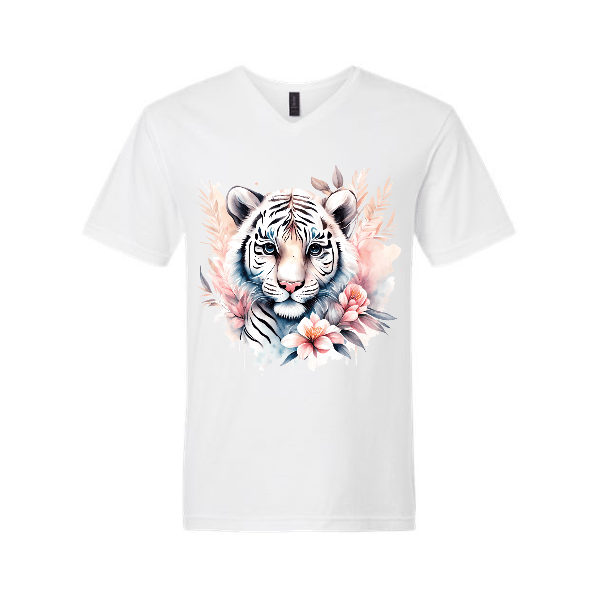 White cotton tee with artistic white tiger surrounded by flowers
