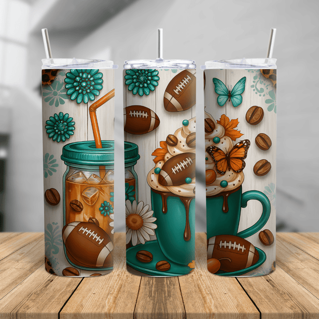 20 oz skinny football coffee tumbler featuring teal floral details, butterflies, football artwork and cozy seasonal design with reusable straw