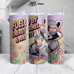 Funny raccoon tumbler with pastel colors, sunflowers, and the phrase ‘Fueled by Energy Drinks & Anxiety’ in a 360-degree wrap design.