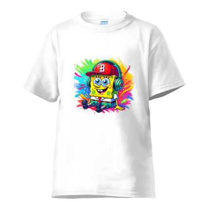 White kids t-shirt featuring fun cartoon character with bright multicolor background