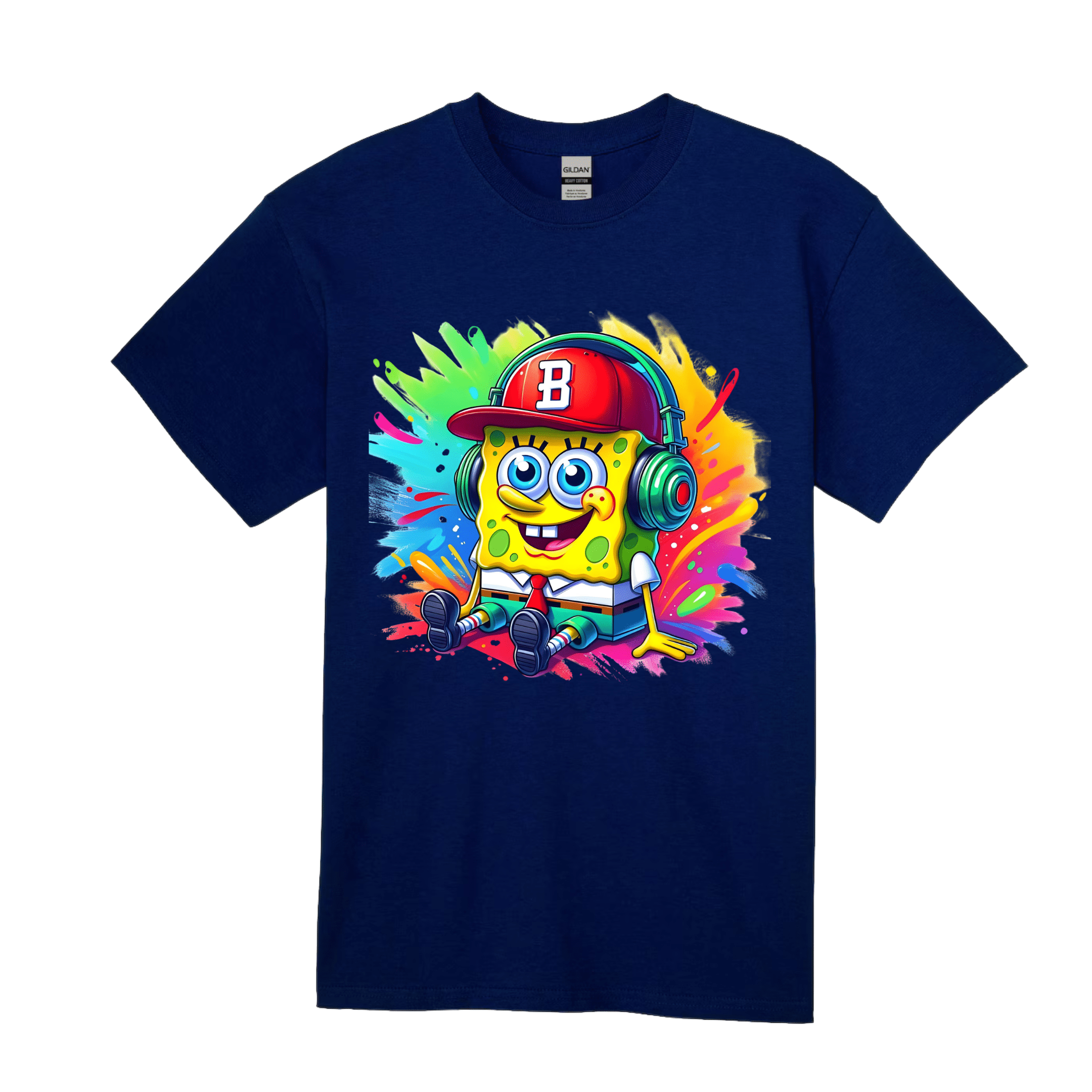 Navy blue kids t-shirt featuring vibrant cartoon character graphic with headphones