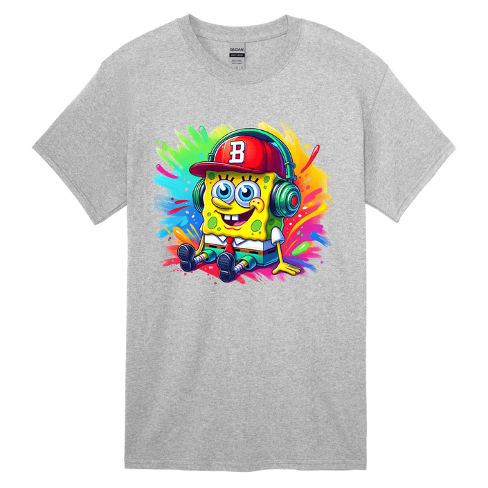 Grey kids t-shirt with vibrant cartoon character and paint splash design