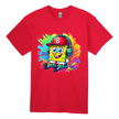 Red kids t-shirt with colorful cartoon character wearing headphones and bright paint splash background