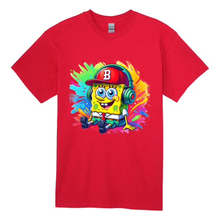 Red kids t-shirt with colorful cartoon character wearing headphones and bright paint splash background