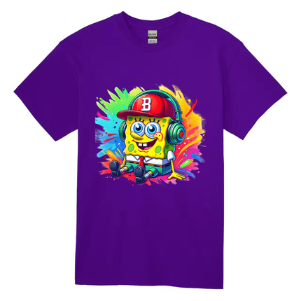 Purple kids t-shirt with bright cartoon character design and colorful splash background