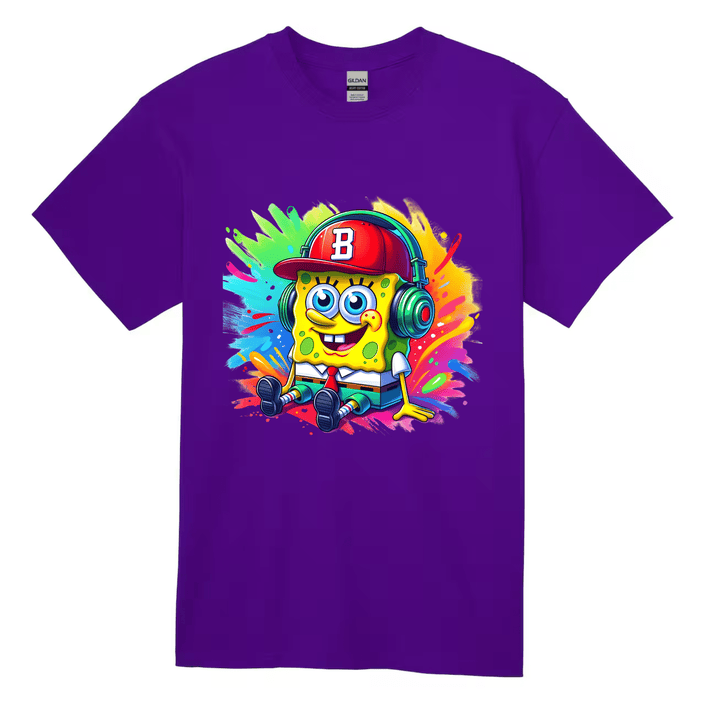 Purple kids t-shirt with bright cartoon character design and colorful splash background