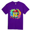 Purple kids t-shirt with bright cartoon character design and colorful splash background