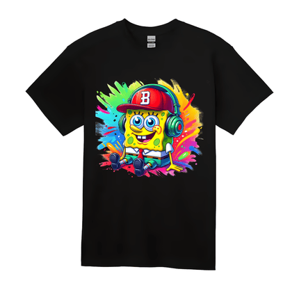 Black kids t-shirt with bold colorful cartoon graphic design