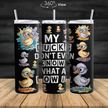 Funny duck tumbler with cute cartoon ducks wearing glasses and the phrase ‘My Ducks Don’t Even Know What a Row Is.’