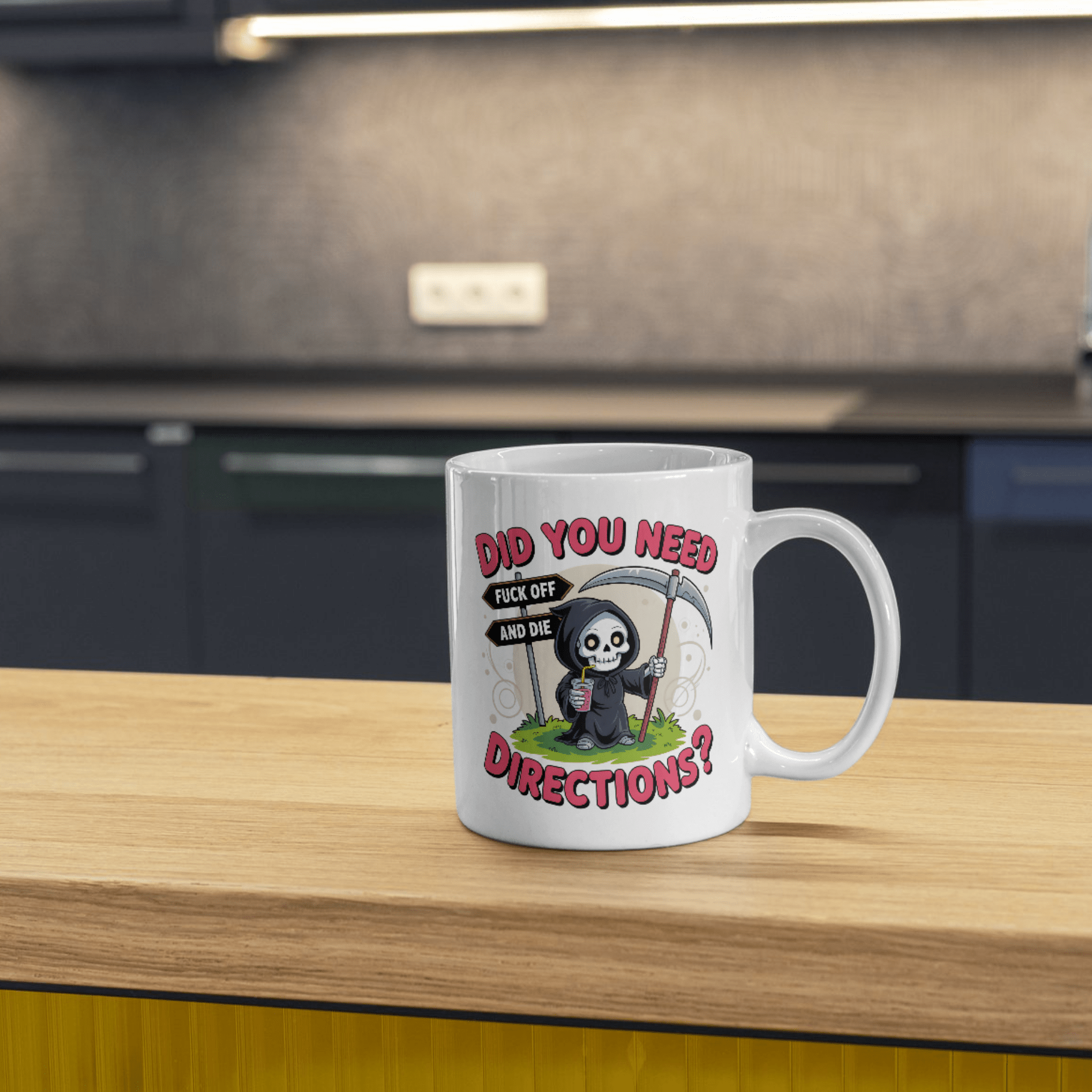 Funny Grim Reaper mug featuring a cute cartoon reaper holding a drink and a sarcastic dark humor message on a white mug