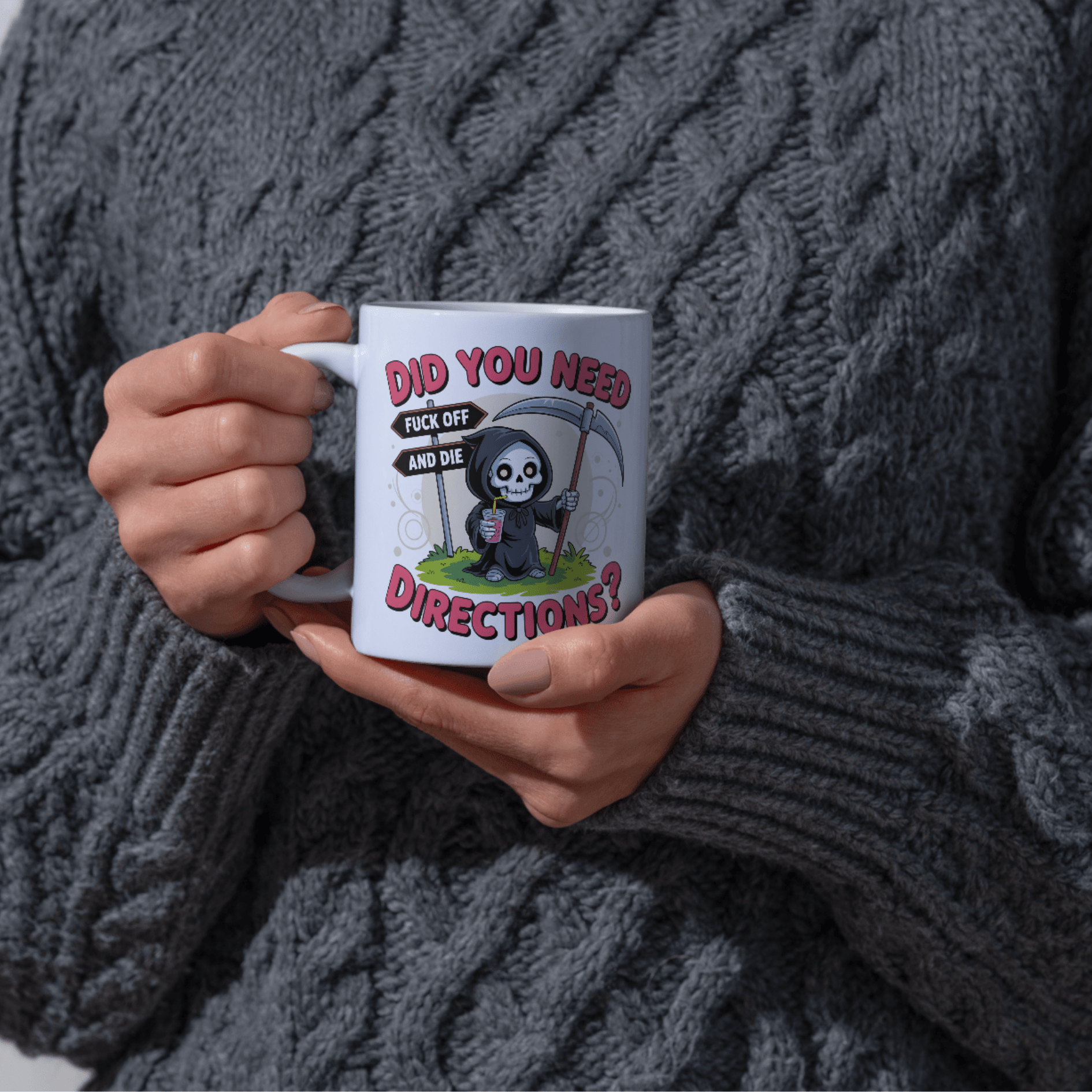 Dark humor novelty mug showing a cute Grim Reaper character with a drink and a cheeky offensive phrase.