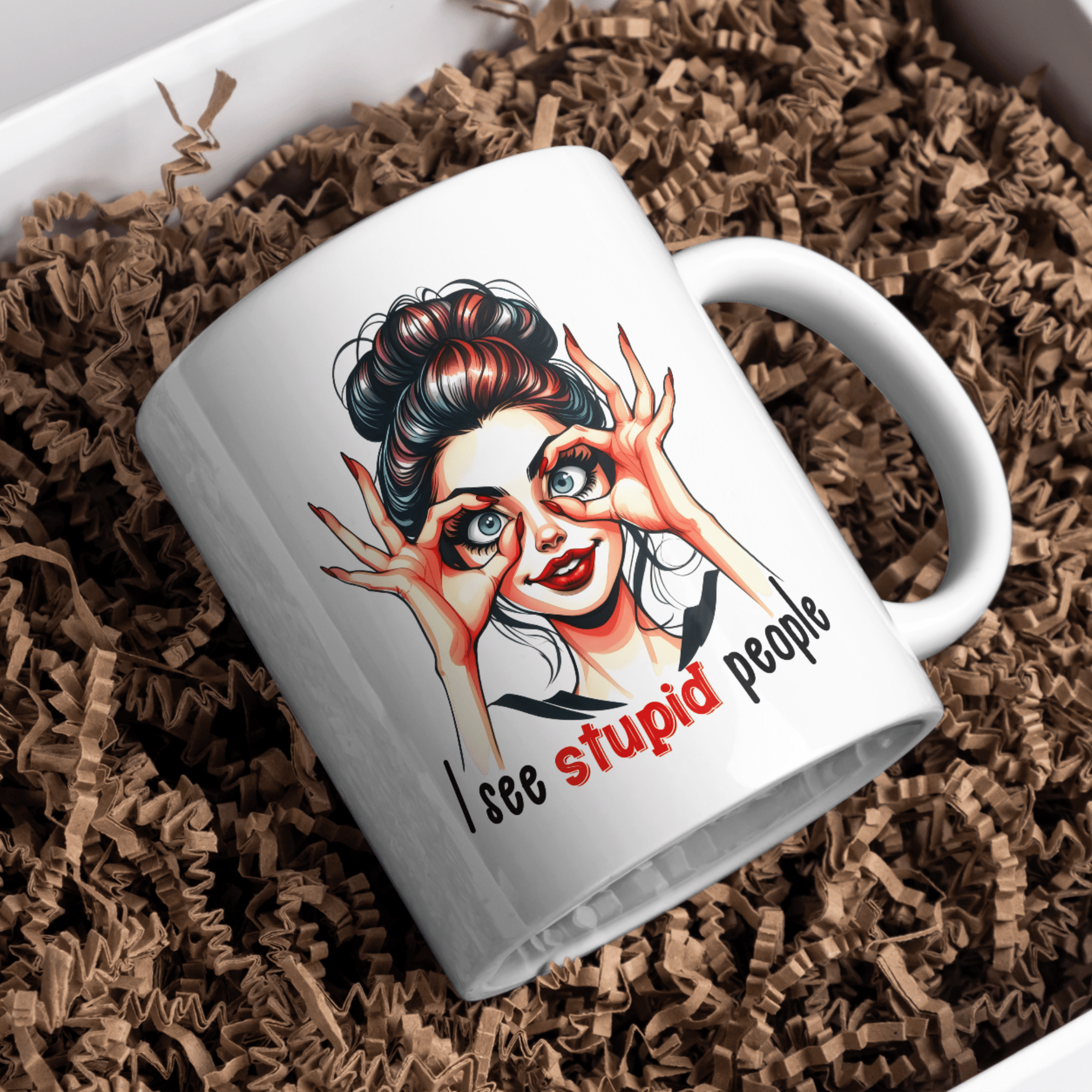 Funny sarcastic mug with illustrated woman and bold humor quote, perfect for office or home.