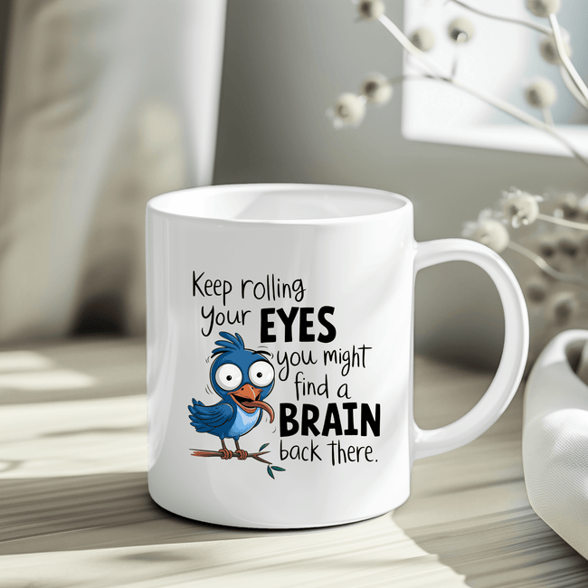 “Humorous bird mug displayed in gift packaging with bold sarcastic text and cartoon artwork.”