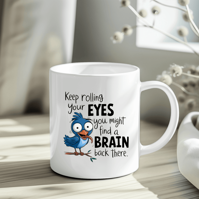 “Humorous bird mug displayed in gift packaging with bold sarcastic text and cartoon artwork.”