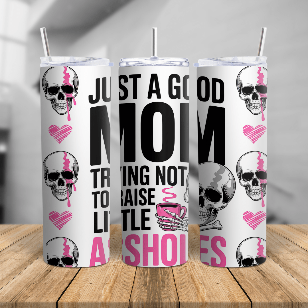 20oz funny mom skull tumbler cup with pink accents, stainless steel insulated travel mug with reusable straw and bold graphic design