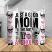 20oz funny mom skull tumbler cup with pink accents, stainless steel insulated travel mug with reusable straw and bold graphic design