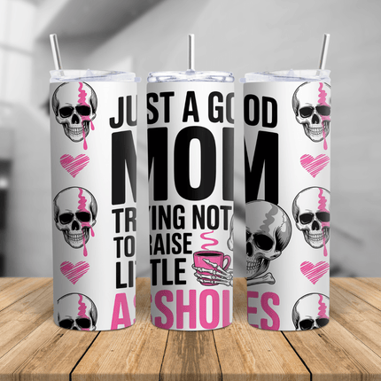 20oz funny mom skull tumbler cup with pink accents, stainless steel insulated travel mug with reusable straw and bold graphic design