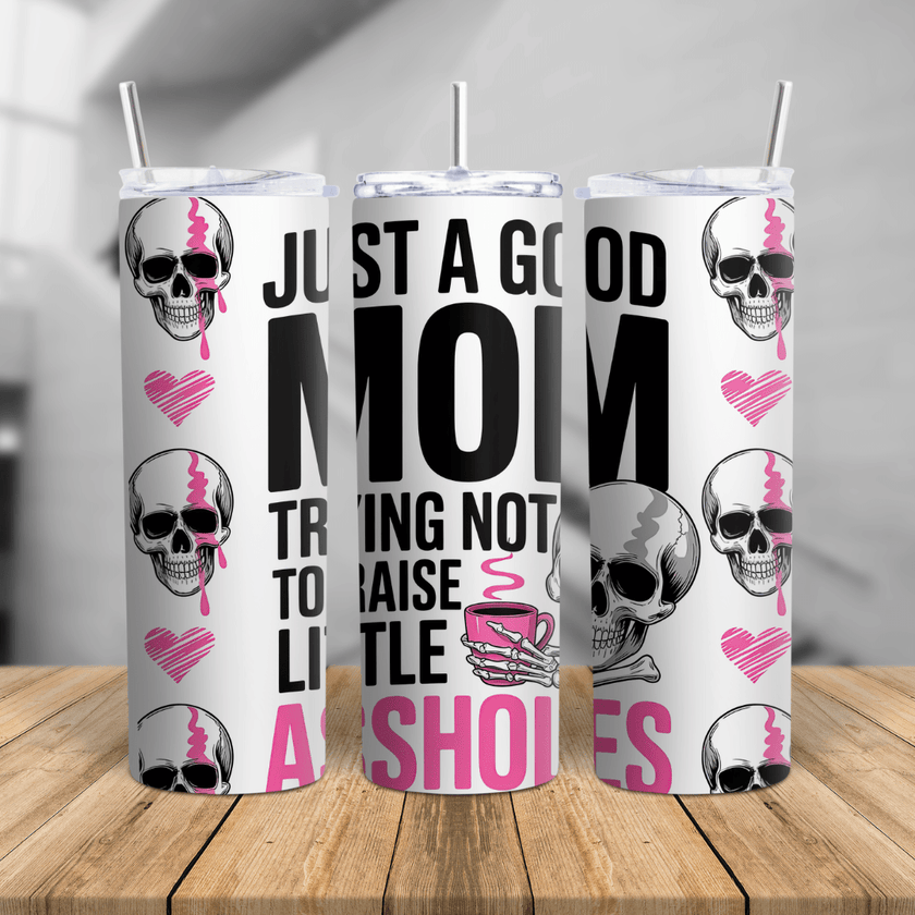 20oz funny mom skull tumbler cup with pink accents, stainless steel insulated travel mug with reusable straw and bold graphic design