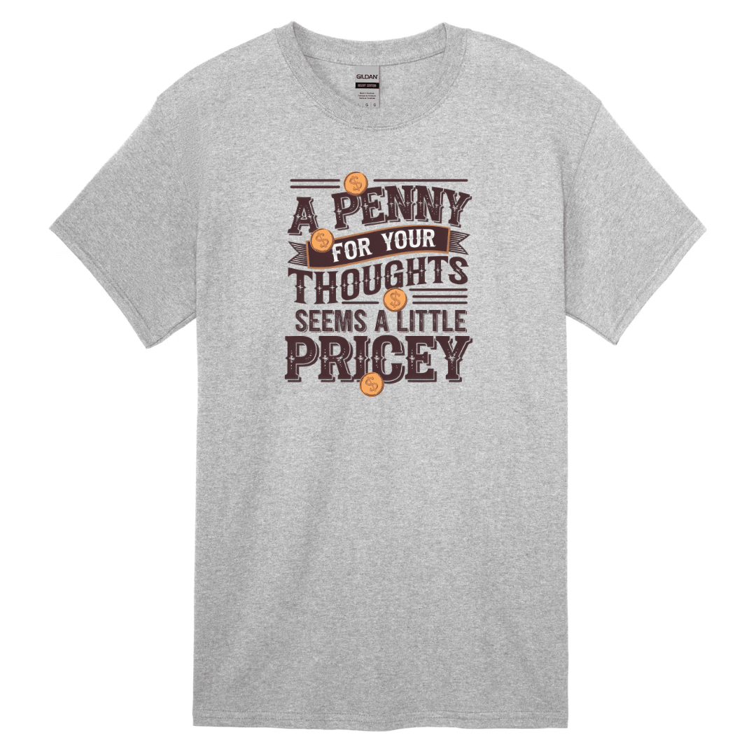 Grey t-shirt with funny sarcastic quote penny for your thoughts design with vintage typography
