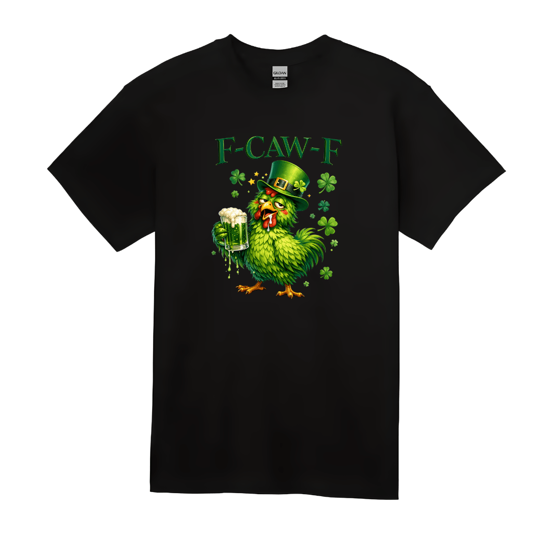 black funny chicken beer shirt with fcawf text and shamrock design