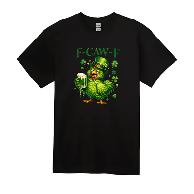 black funny chicken beer shirt with fcawf text and shamrock design