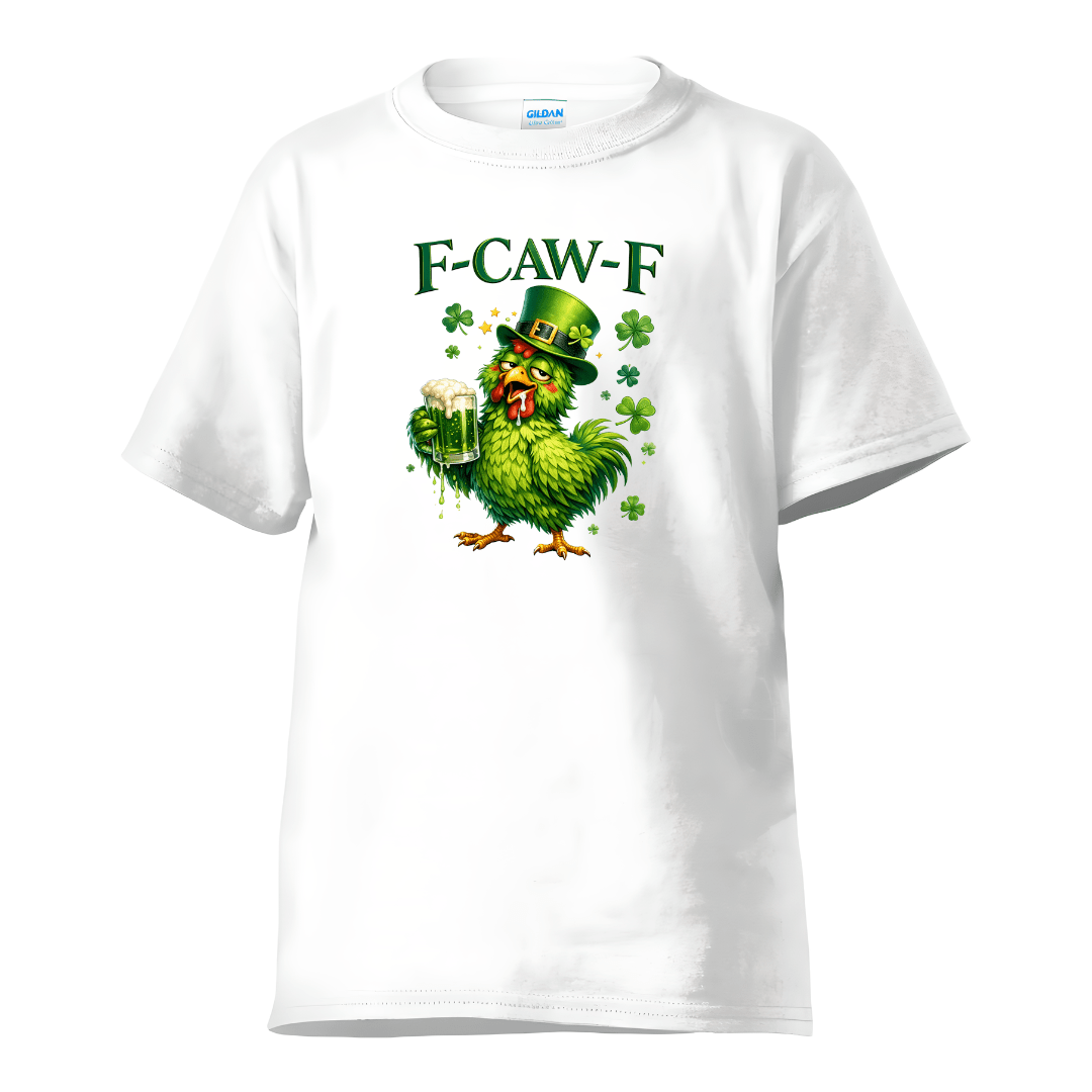 white st patricks chicken shirt with beer mug and green shamrocks