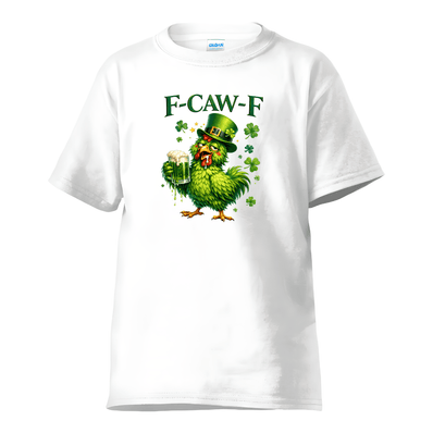 white st patricks chicken shirt with beer mug and green shamrocks
