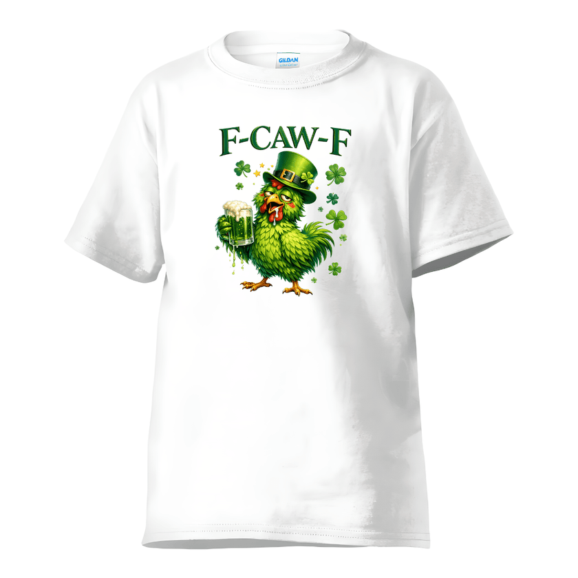 white st patricks chicken shirt with beer mug and green shamrocks