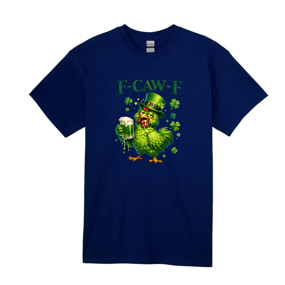 blue st patricks chicken graphic shirt with beer mug and shamrocks