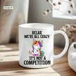 Humorous unicorn coffee cup featuring cute rainbow unicorn art and sarcastic quote.