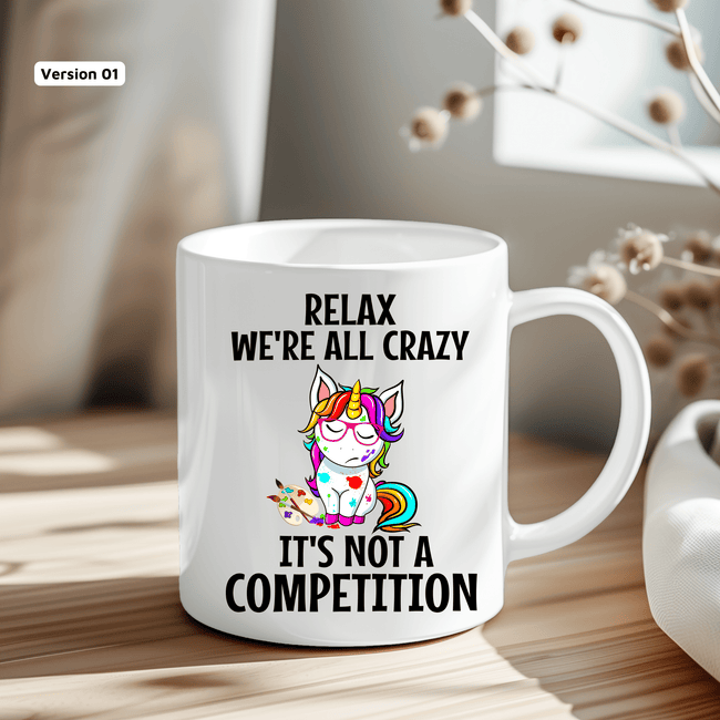 Humorous unicorn coffee cup featuring cute rainbow unicorn art and sarcastic quote.