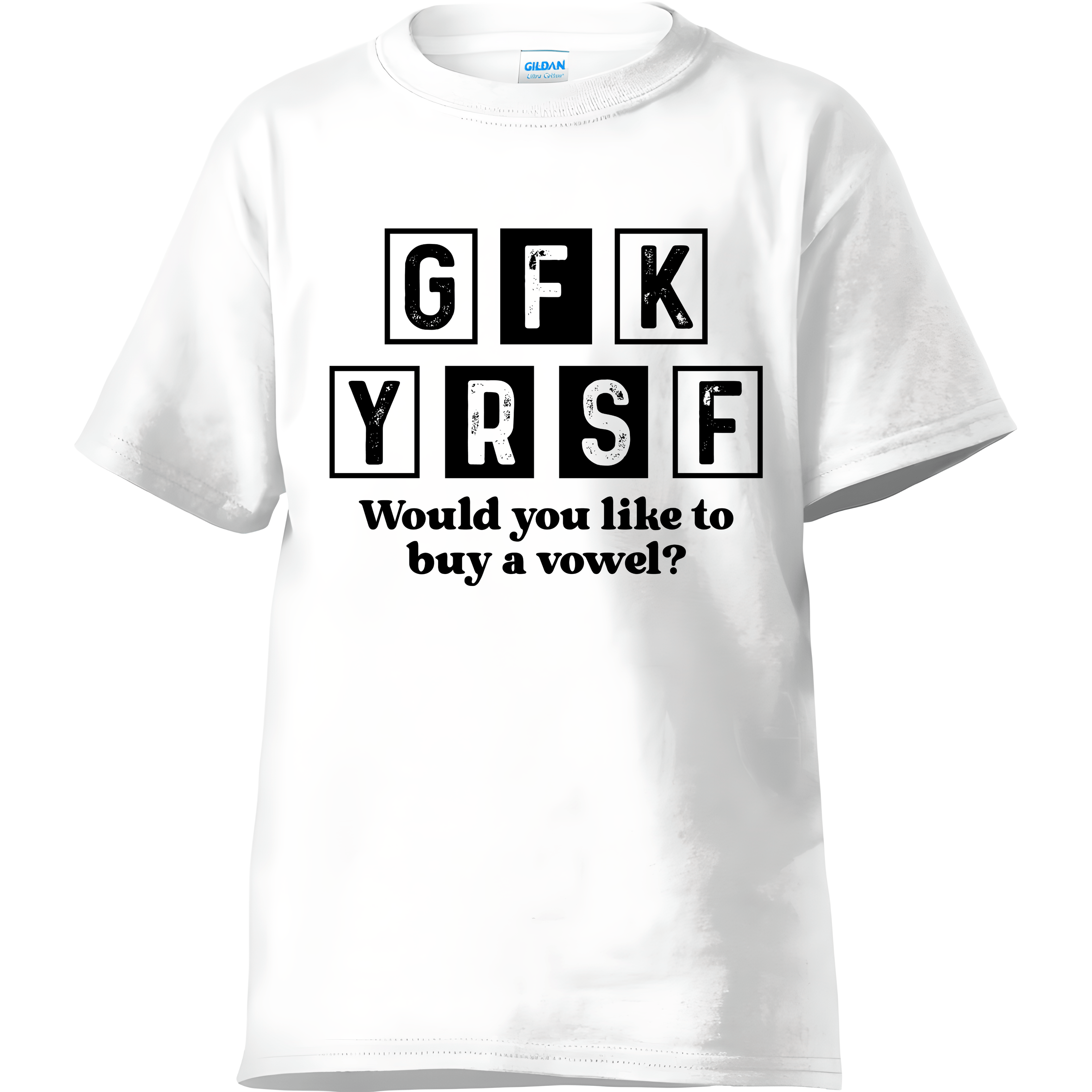 Black and white typography SVG with the phrase “Would You Like to Buy a Vowel?” using block letters in a sarcastic style — perfect for humorous T-shirts, mugs, or printable crafts.