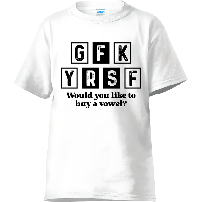 Black and white typography SVG with the phrase “Would You Like to Buy a Vowel?” using block letters in a sarcastic style — perfect for humorous T-shirts, mugs, or printable crafts.