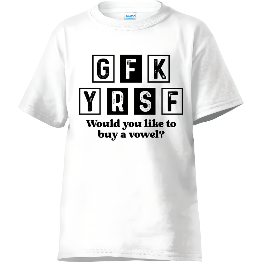 Black and white typography SVG with the phrase “Would You Like to Buy a Vowel?” using block letters in a sarcastic style — perfect for humorous T-shirts, mugs, or printable crafts.